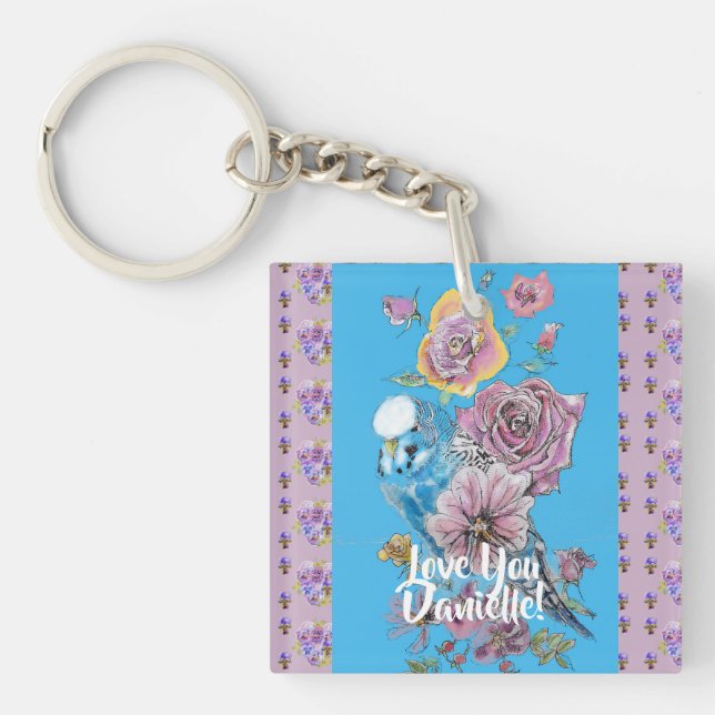 Porte-clés Budgie Aquarelle florale Filles Dames Cercle clé (Devant)