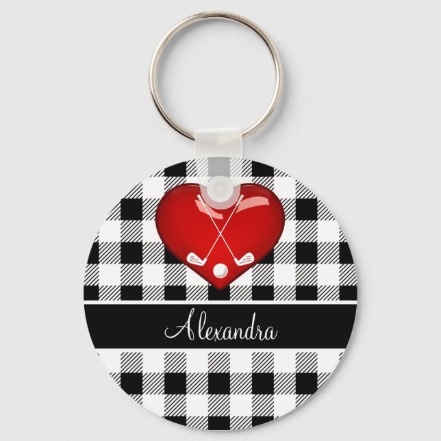Porte-clés Buffalo Plaid Noir blanc clubs de golf coeur rouge (Recto)