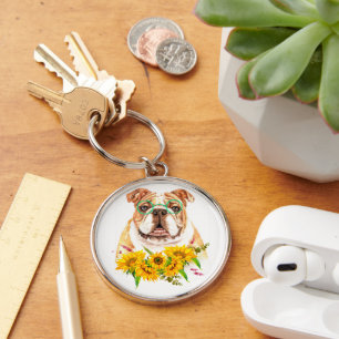 Porte-clés Bulldog au pinceau à l'eau & tournesols
