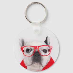 Porte-clés Bulldog français avec lunettes et chemise