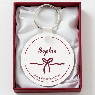 Porte-clés Burgundy Bow Bridesmaid Script Nom moderne Date