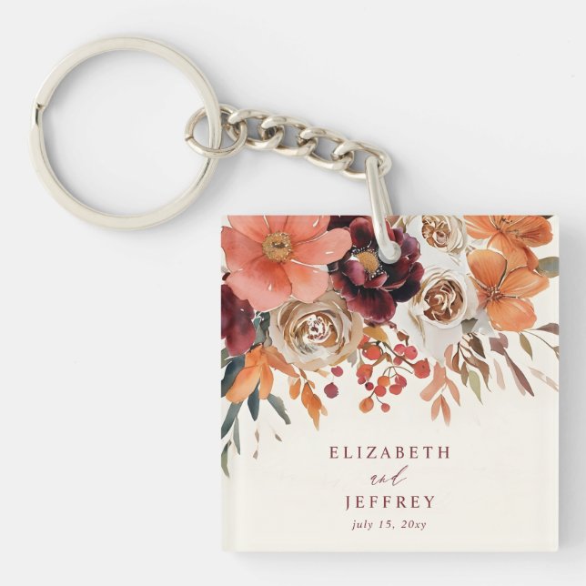 Porte-clés Burgundy Orange Floral Fall Wedding (Devant)