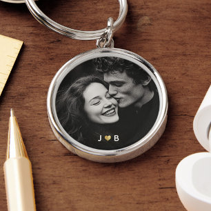 Porte-clés Cadeau de couple à monogramme cœur avec photo pers