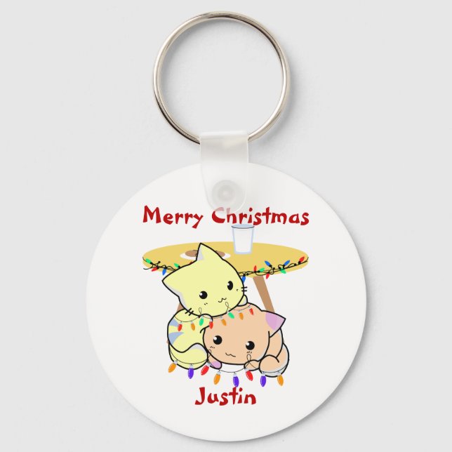 Porte-clés Cadeau de Noël de chat, nom personnalisé (Recto)