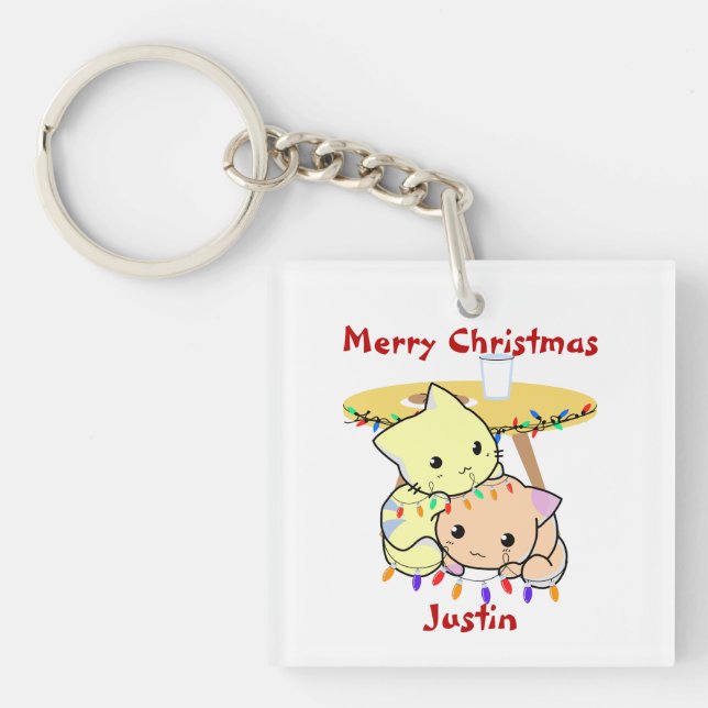 Porte-clés Cadeau de Noël de chat, nom personnalisé (Devant)