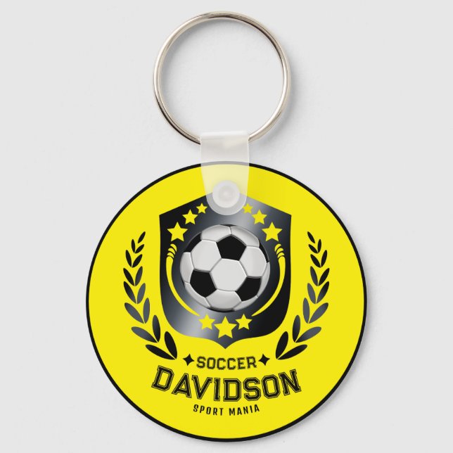 Porte-clés Cadeau de nom de football personnalisé jaune et no (Recto)