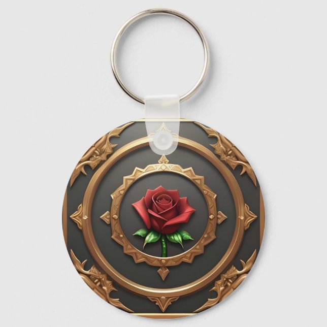 Porte-clés Cadre doré complexe avec rose rouge (Recto)