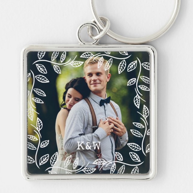 Porte-clés Cadre Feuille délicat Monogramme photo (Devant)