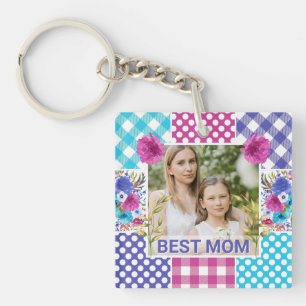 Porte-clés Cadre photo fleuri et à carreaux pour la fête des 