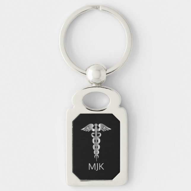 Porte-clés Caducée Argent Monogrammé   (Devant)