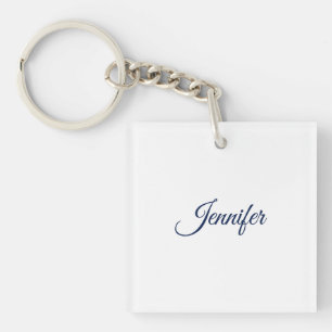 Porte-clés Calligraphie Élégant Bleu Blanc Simple Nom