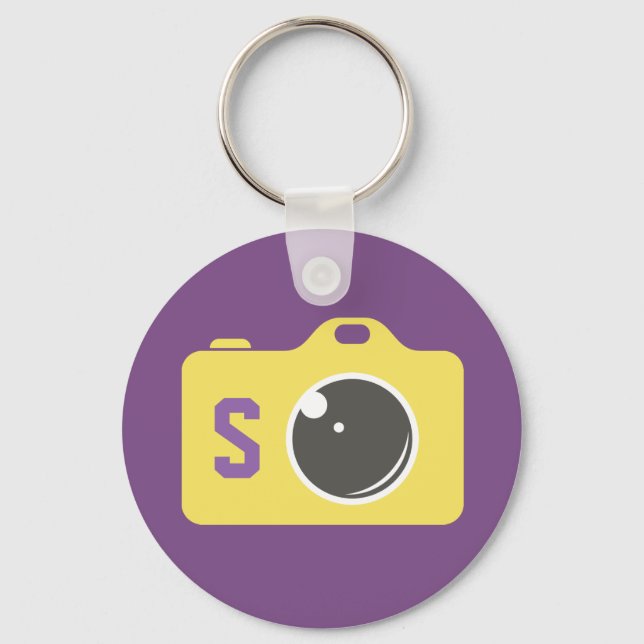 Porte-clés Caméra d'art pop violet Monogramme jaune (Recto)