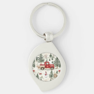Porte-clés Camion rouge avec cadeaux et bonhomme de neige