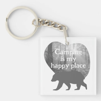 Porte-clés Camping mon endroit heureux noir n blanc personnal