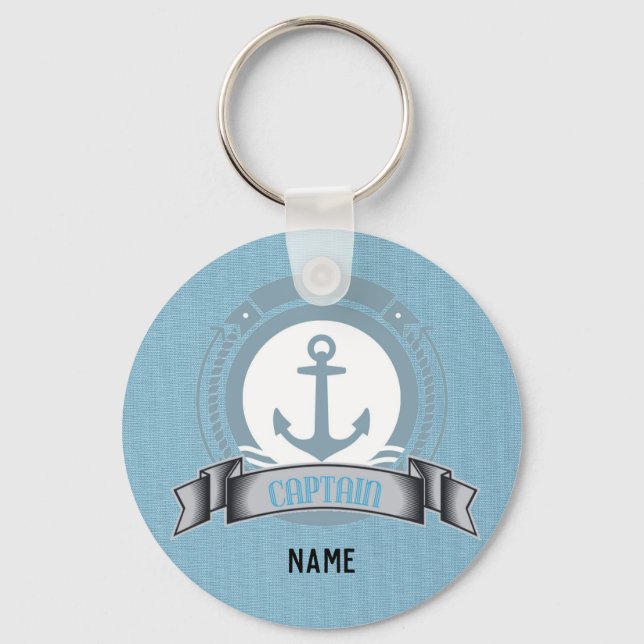 Porte-clés CAPITAINE nautique cadeau personnalisé - Ancre ble (Recto)