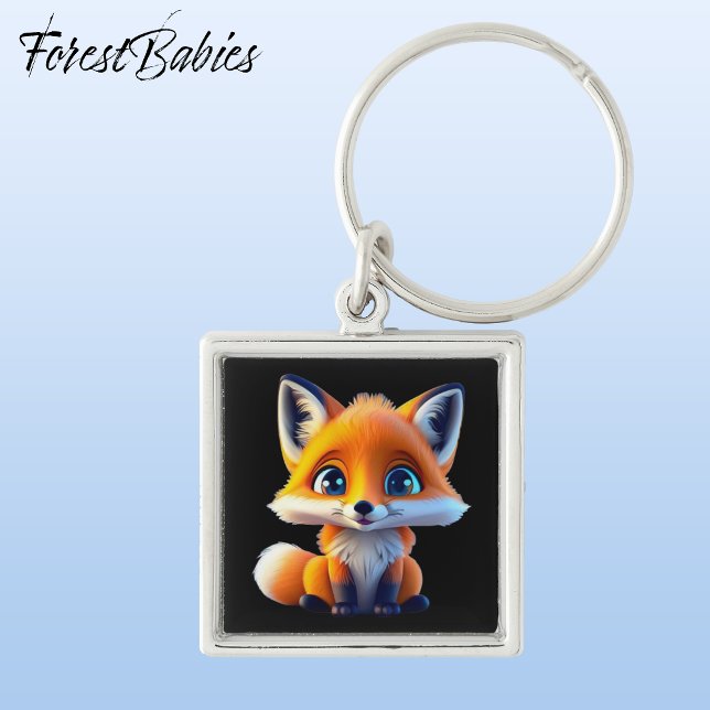 Porte-clés Caractère animal de renard rouge blanc mignon, 🦊  (Cute Whimsical Red Fox Woodland Forest Wildlife Animal Cartoon Graphic Black ForestBabies Keychain🦊)