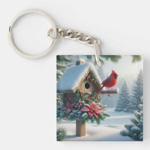 Porte-clés Cardinal d'hiver sur une maison d'oiseaux festive