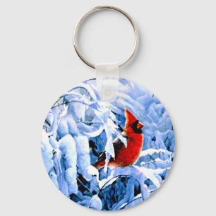 Porte-clés Cardinal Rouge dans la neige d'hiver