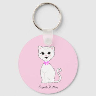 Porte-clés Caricature chaton blanc mignon sur rose clair