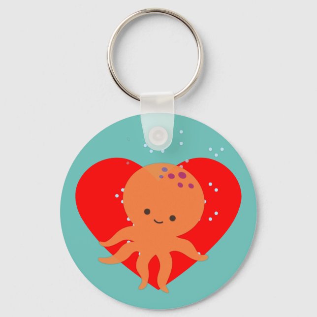 Porte-clés Caricature de poulpe mignonne Coeur rouge (Verso)