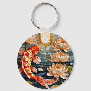 Porte-clés Carpe Koï Entourée de Fleurs de Lotus