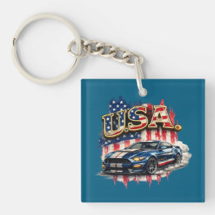 Porte-clés carré patriotique de voiture de muscle 