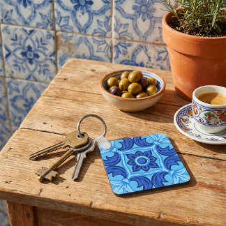 Porte-clés Carrelage bleu Floral Motif Vintage Méditerranée