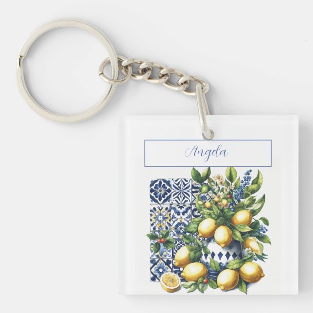 Porte-clés Carrelage bleu italien et citrons | votre nom (Devant)