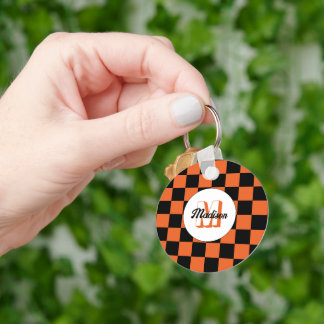 Porte-clés Carrés à damier noir et orange rétro Monogramme