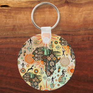 Porte-clés Carte d'Afrique Éléments Tribaux Décoratifs Motif