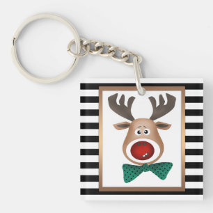 Porte-clés Carte de cerf de Noël rayé noir blanc célébrer