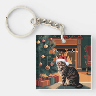 Porte-clés carte de Noël de chat tabby vintage mignonne