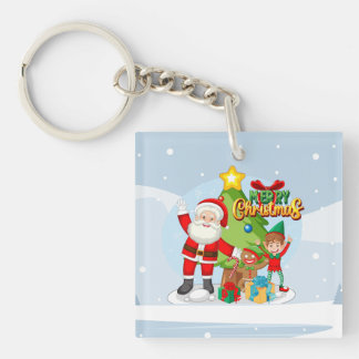 Porte-clés Carte de Noël festive avec le Père Noël et ses ami