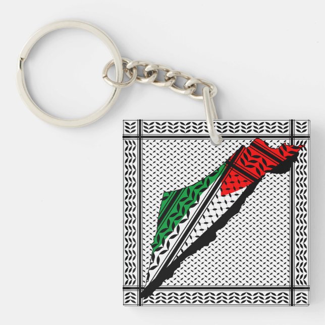 Porte-clés Carte de Palestine avec drapeau et Motif Keffiyeg (Devant)