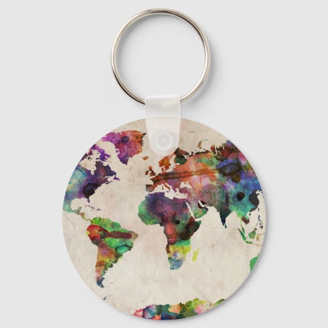 Porte-clés Carte du monde Aquarelle urbaine (Recto)