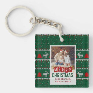 Porte-clés Carte photo de Noël de famille avec chandail nisé