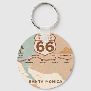 Porte-clés Carte vintage de la route 66 avec des villes histo