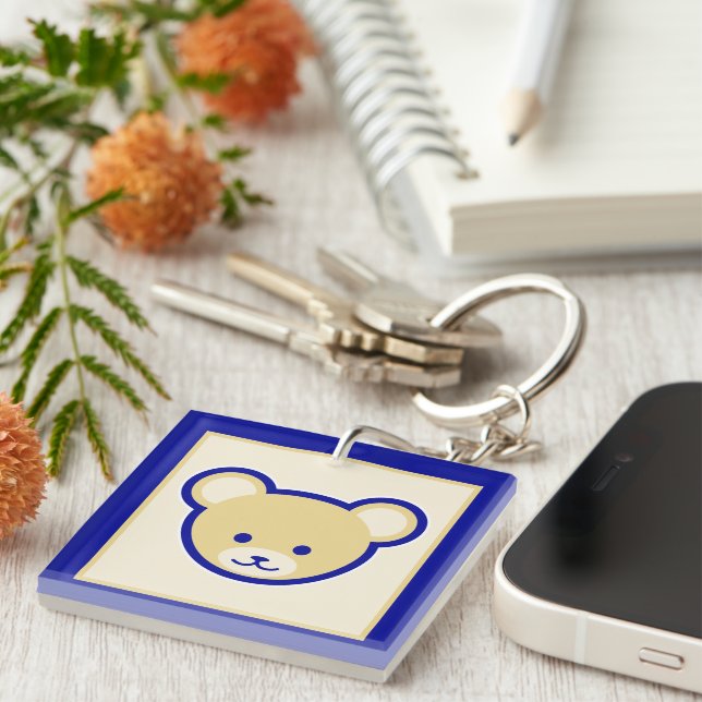 Porte-clés Carton Bleu Beige Teddy Ours Mignonne Drôle (Devant Droit)