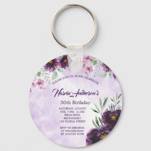 Porte-clés Carton d'invitation élégant violet floral pour ann