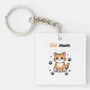 Porte-clés Cat Mum – Cute Orange Tabby Cartoon with Paw Print
