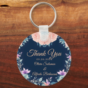 Porte-clés Ce Blush rose et bleu marine floral élégant