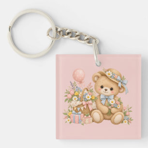 Porte-clés Célébration de nounours vintage avec des fleurs sa