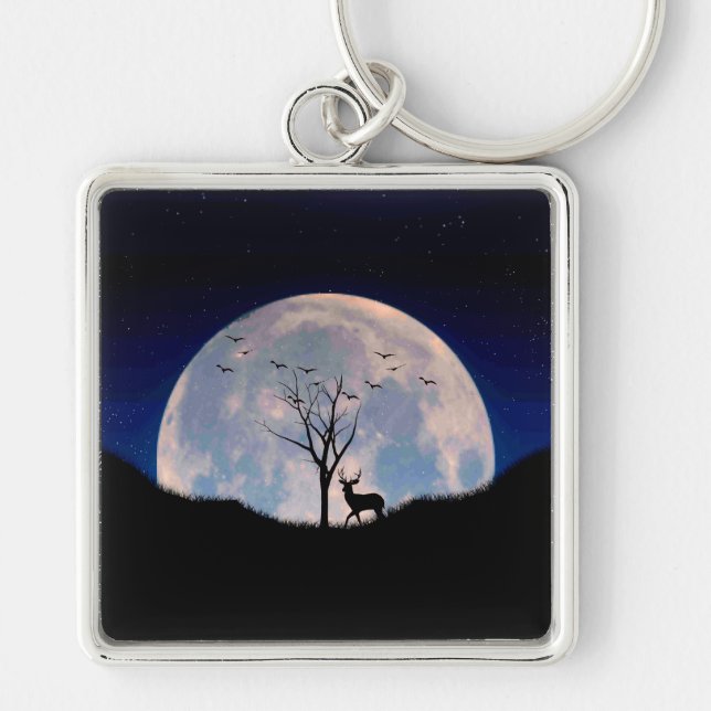 Porte-clés Cerf avec grand bois contre pleine lune (Devant)