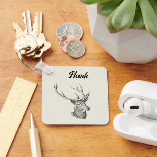 Porte-clés Cerf Buck Head avec Antlers Black and White Art
