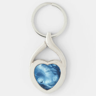 Porte-clés Cerf dans la forêt noire de la brume bleue