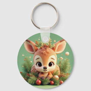 Porte-clés Cerf de dessin animé adorable dans un Noël festif