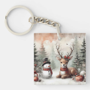 Porte-clés Cerf de Noël/bonhomme de neige en bois classique