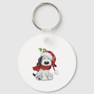 Porte-clés Charmant chien de Noël avec chapeau de Père Noël &