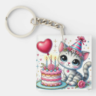 Porte-clés Chat adorable célébrant son anniversaire avec un g