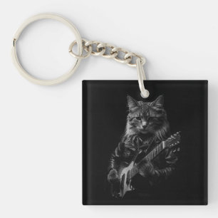 Porte-clés Chat avec cuir Veste jouant guitare électrique